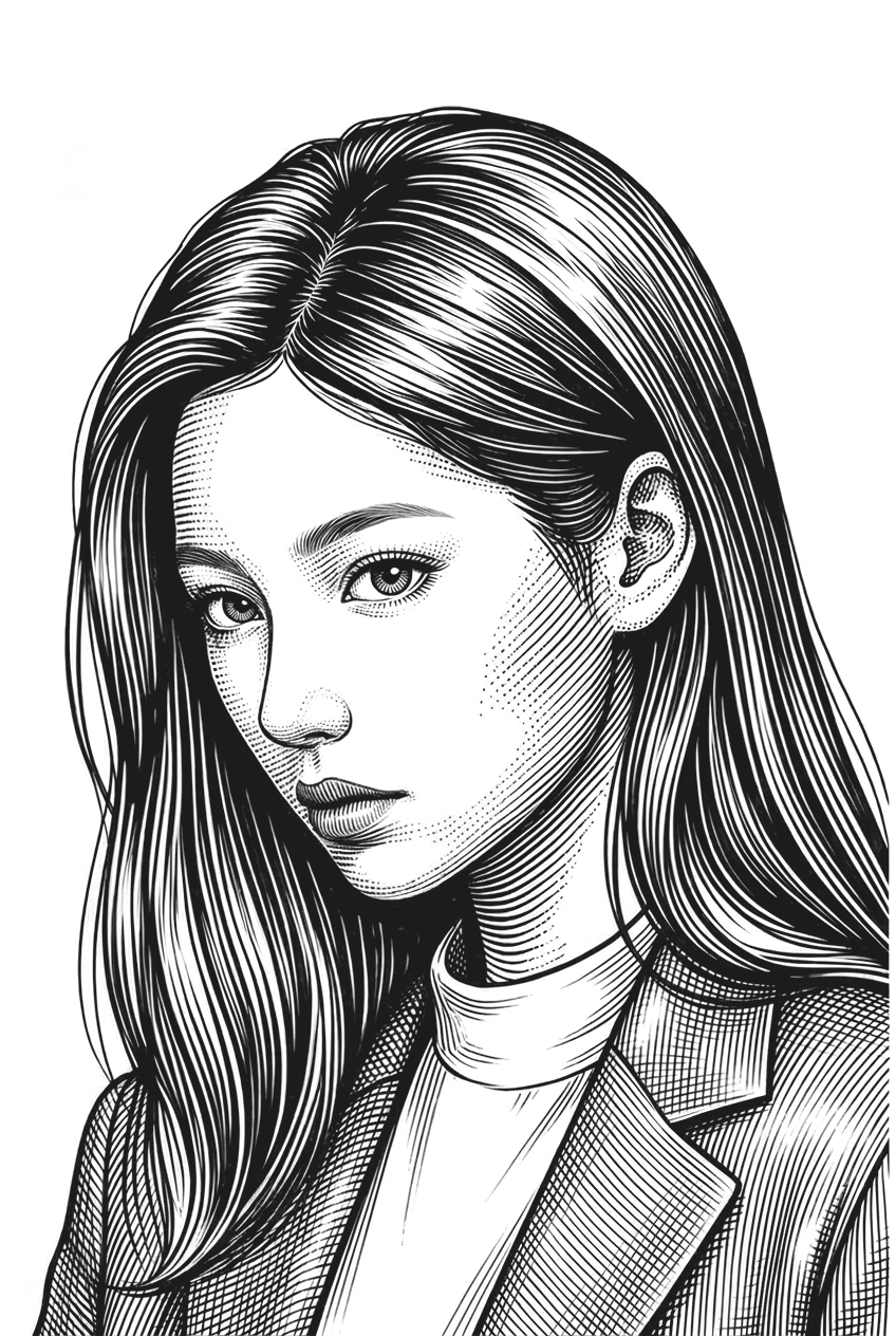 Engraved portrait of a person, calm and attentive