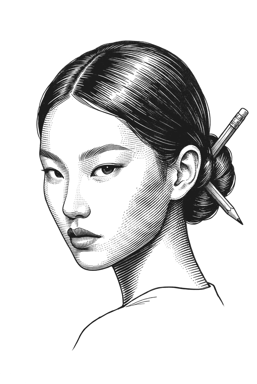 Engraved portrait, hair in a bun with a pencil through it