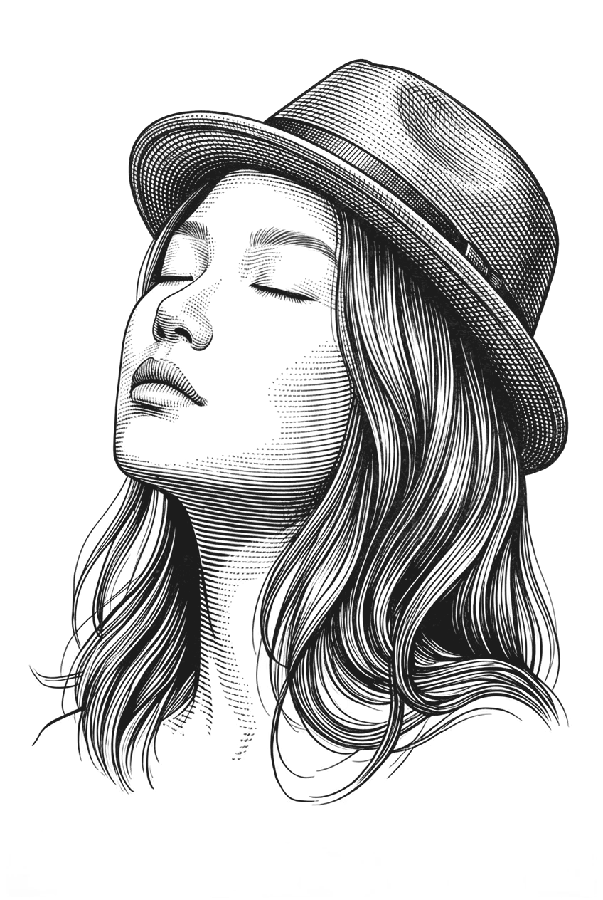 Engraved portrait wearing a short-brim trilby