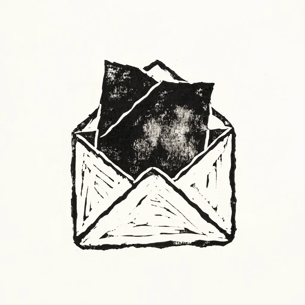 Linocut of an open envelope with a letter emerging