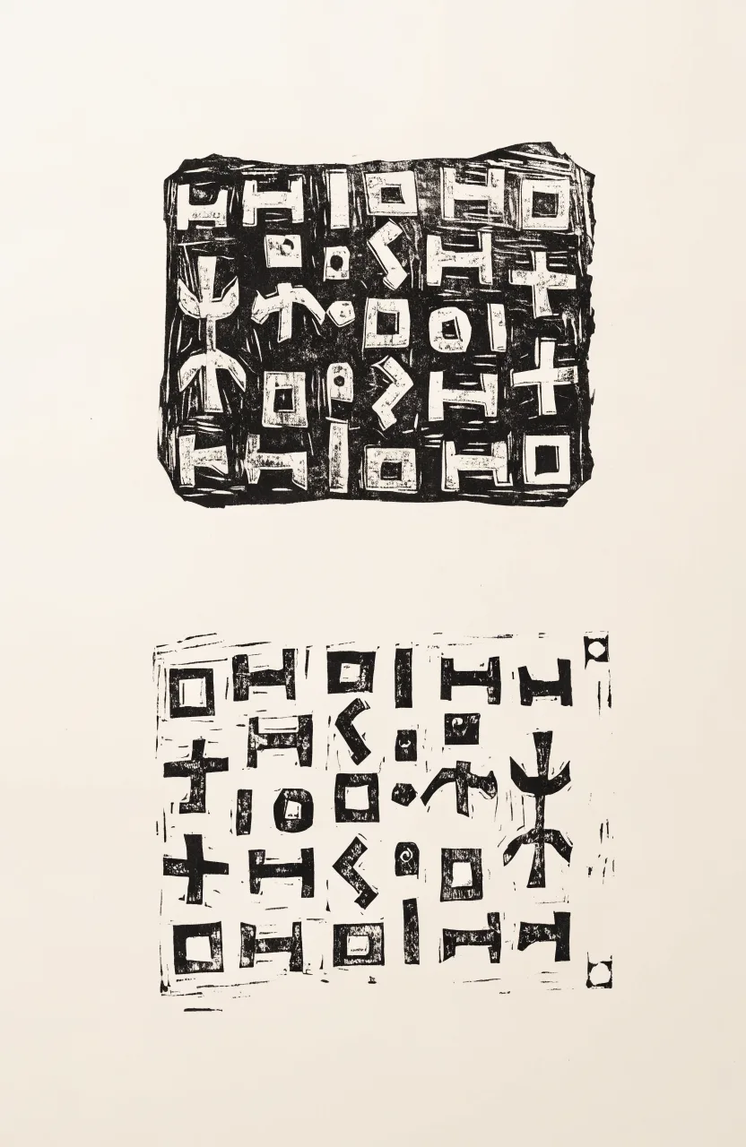 Linocut of a carved stamp block above its printed proof